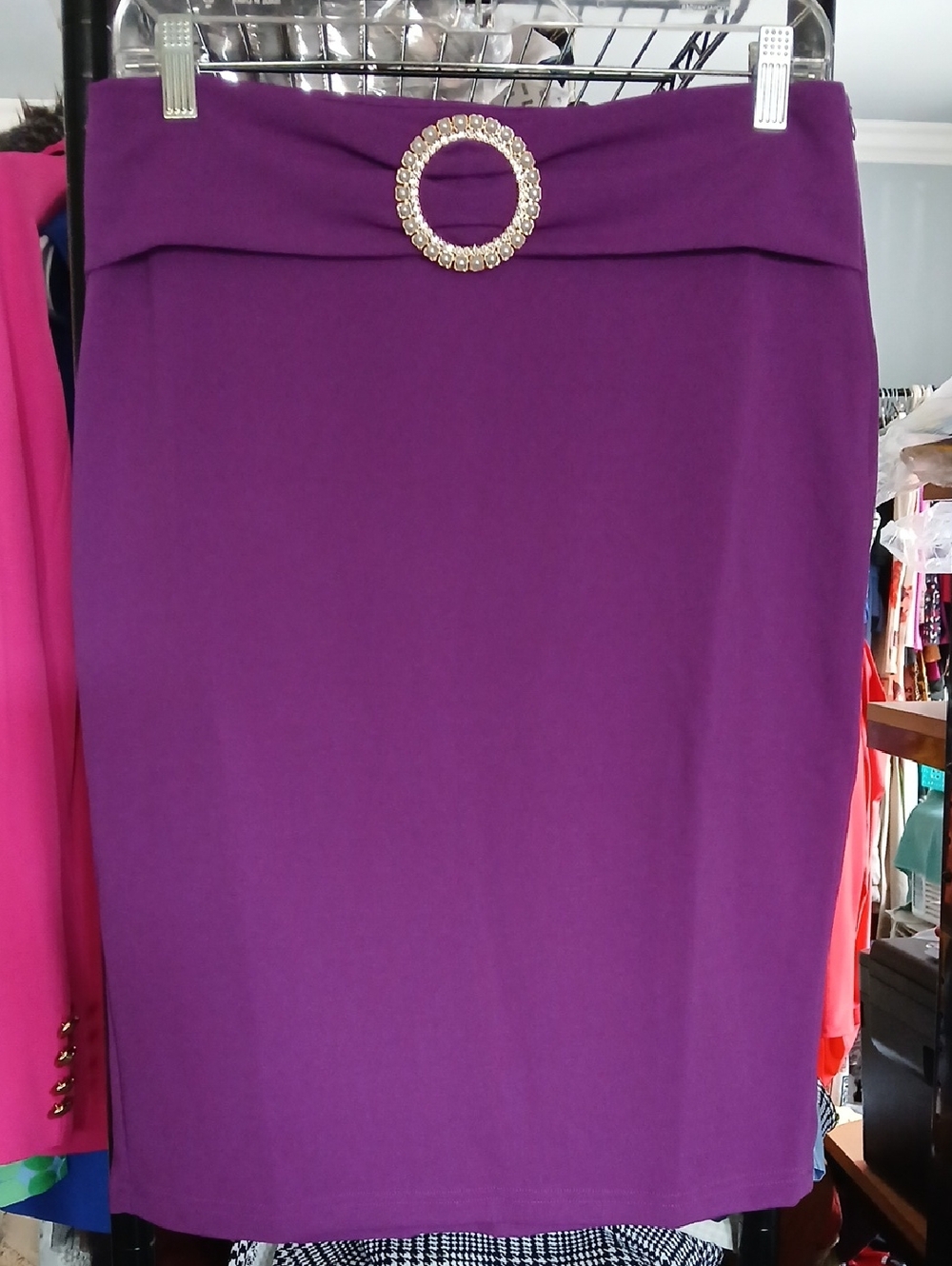 Everlynn Purple Pencil Skirt with Rhinestone Buckle